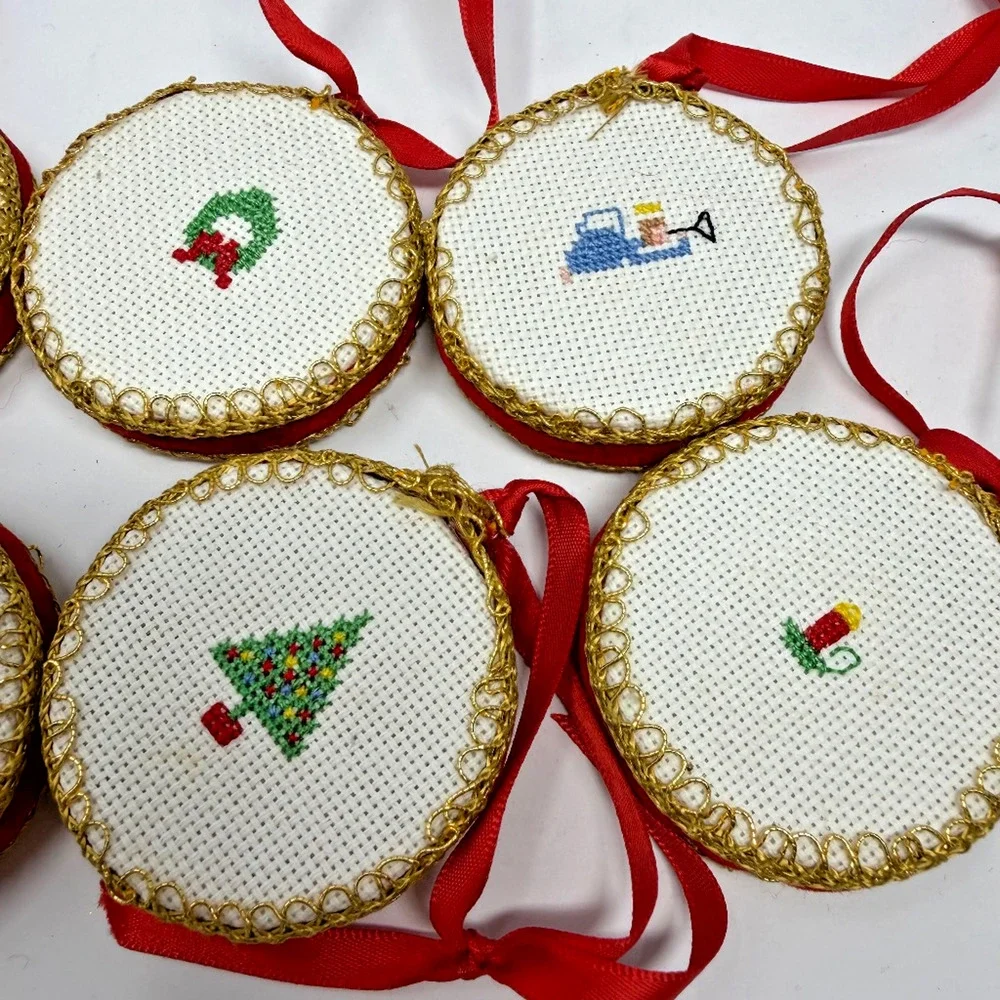 Lot of 6 Vintage Handmade Cross Stitch Christmas Ornaments 2